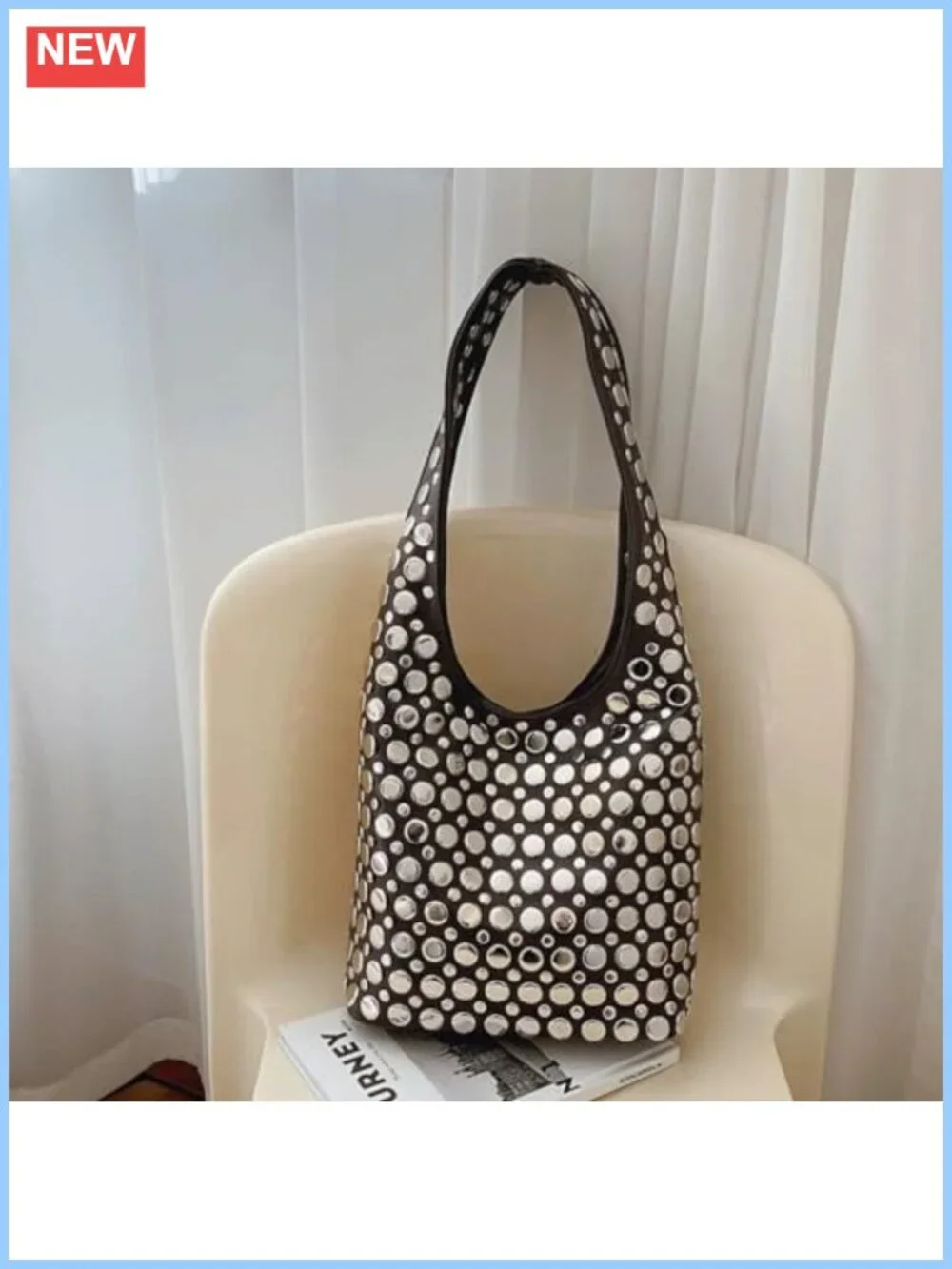 Studded Hobo Bag PU Leather Rivets Bucket Purse for Women